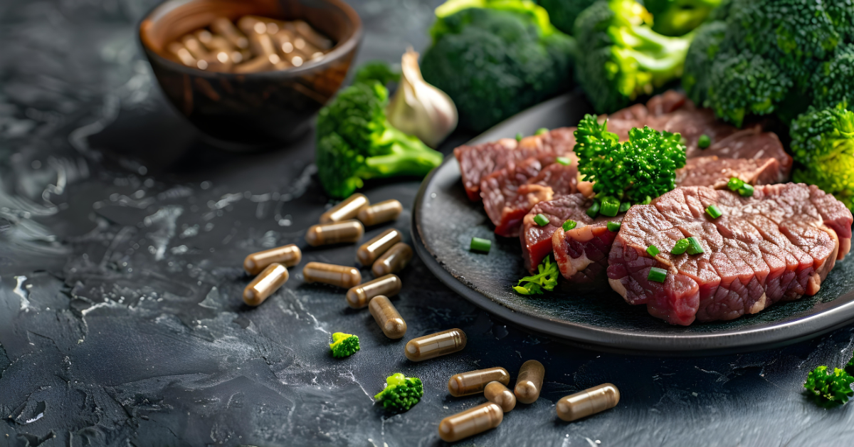 Spread of grass-fed organ supplement capsules, electrolyte powder, and raw beef steaks on a dark kitchen counter