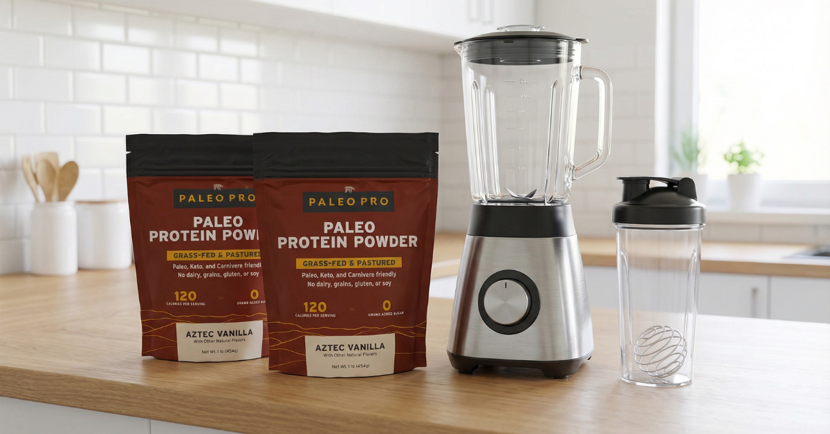 Two containers of grass-fed beef protein powder on a kitchen counter next to a blender and shaker bottle