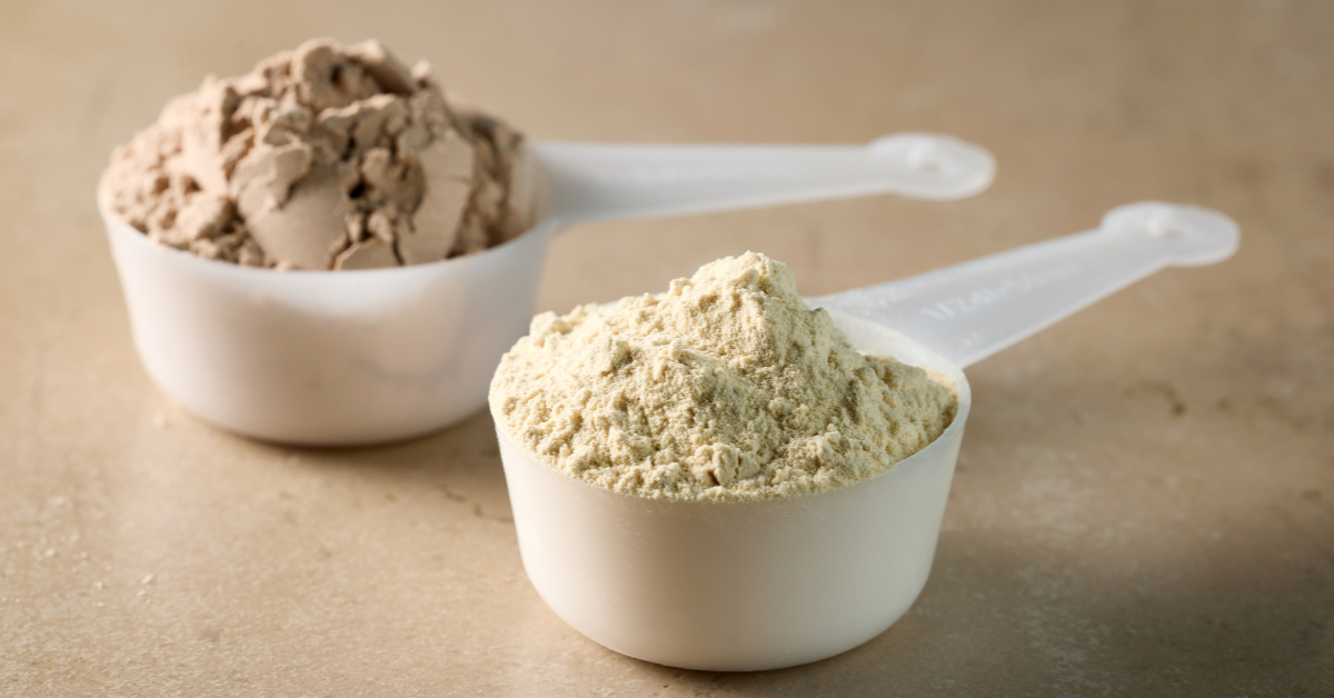 Two protein shakes side by side, one darker and one lighter, comparing beef and casein protein