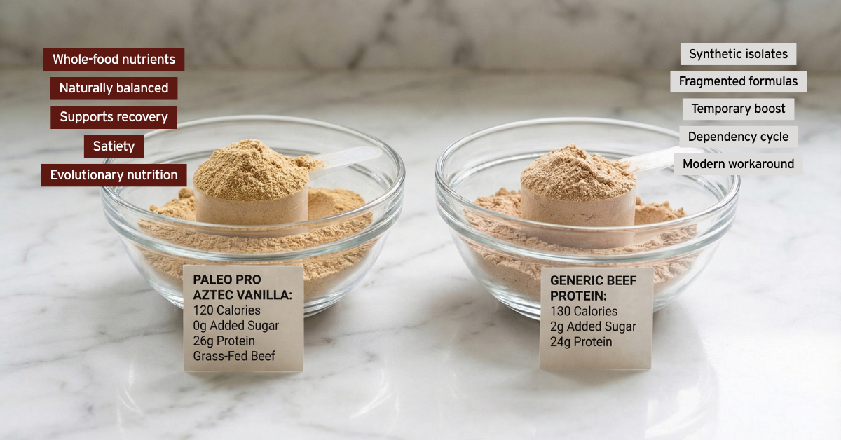 Two scoops of beef protein powder side by side on a marble countertop with nutrition labels visible