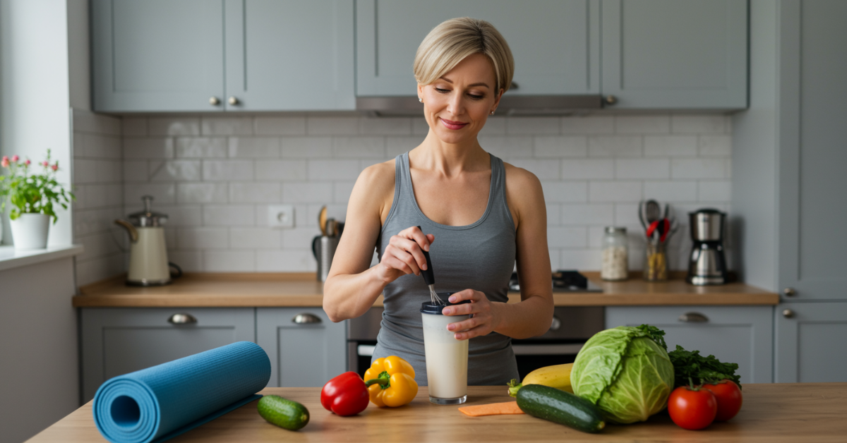 Woman in her 40s mixing a protein shake in a kitchen next to a yoga mat and fresh vegetables