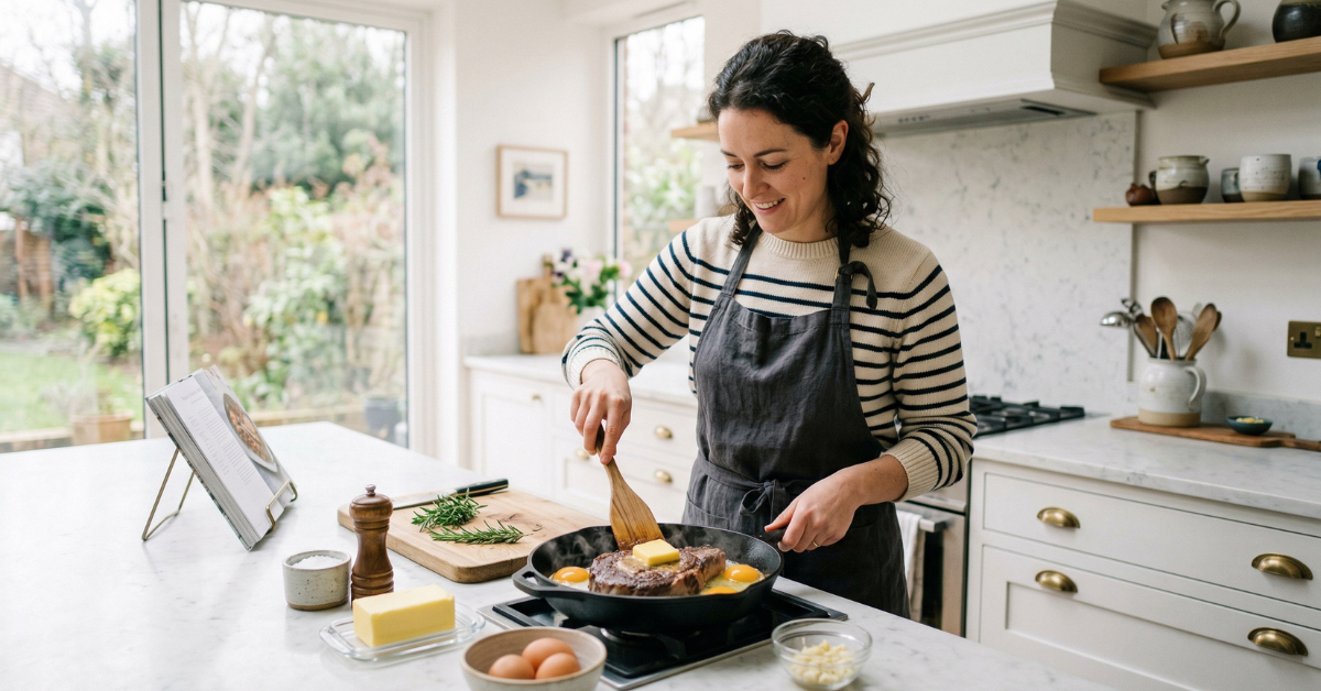 Woman preparing a steak dinner with eggs and butter in a bright, modern kitchen