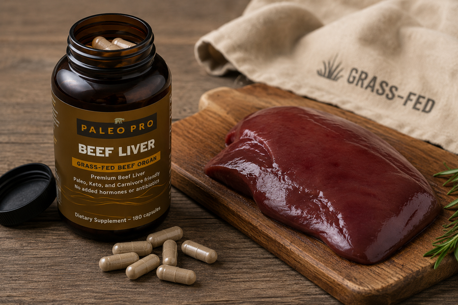 Grass-fed beef liver capsules beside a raw liver portion on a wooden board, labeled grass-fed