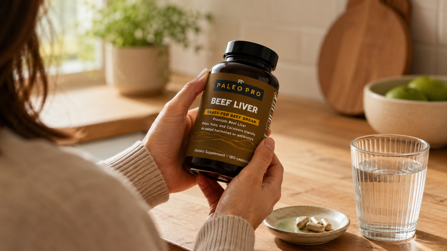 A person in a kitchen reading the Supplement Facts panel on a bottle of desiccated beef liver capsules