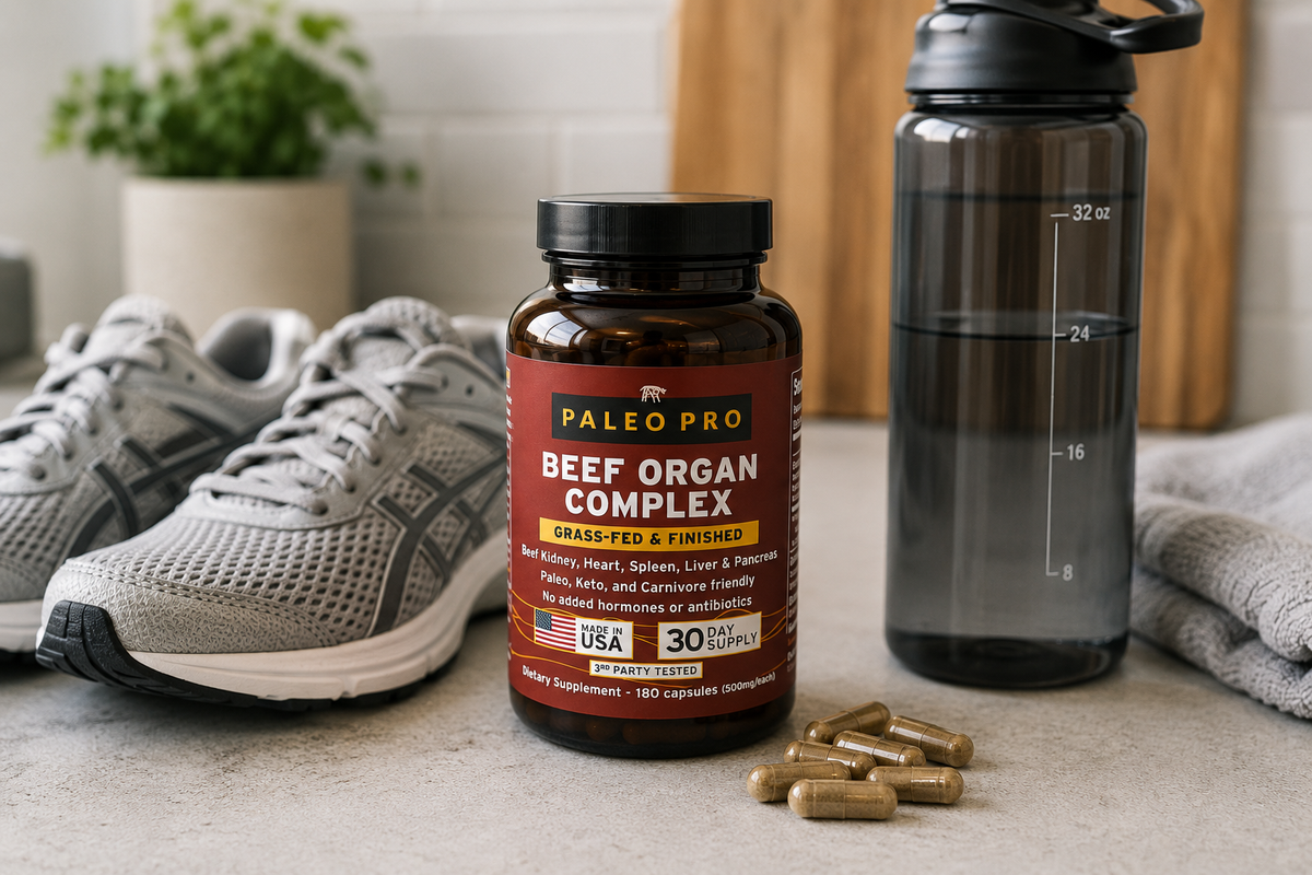 Beef organ supplement capsules next to running shoes and a water bottle on a kitchen counter