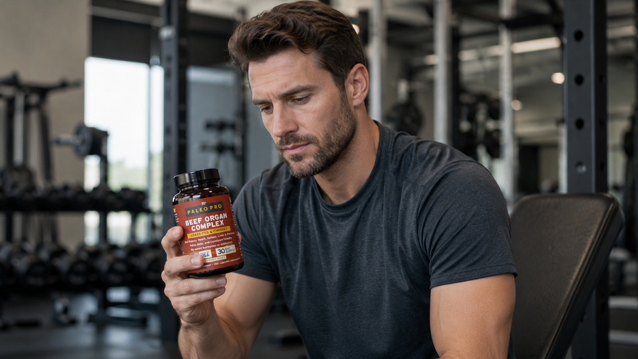 A man in a gym holding a bottle of beef organ supplements, reading the label