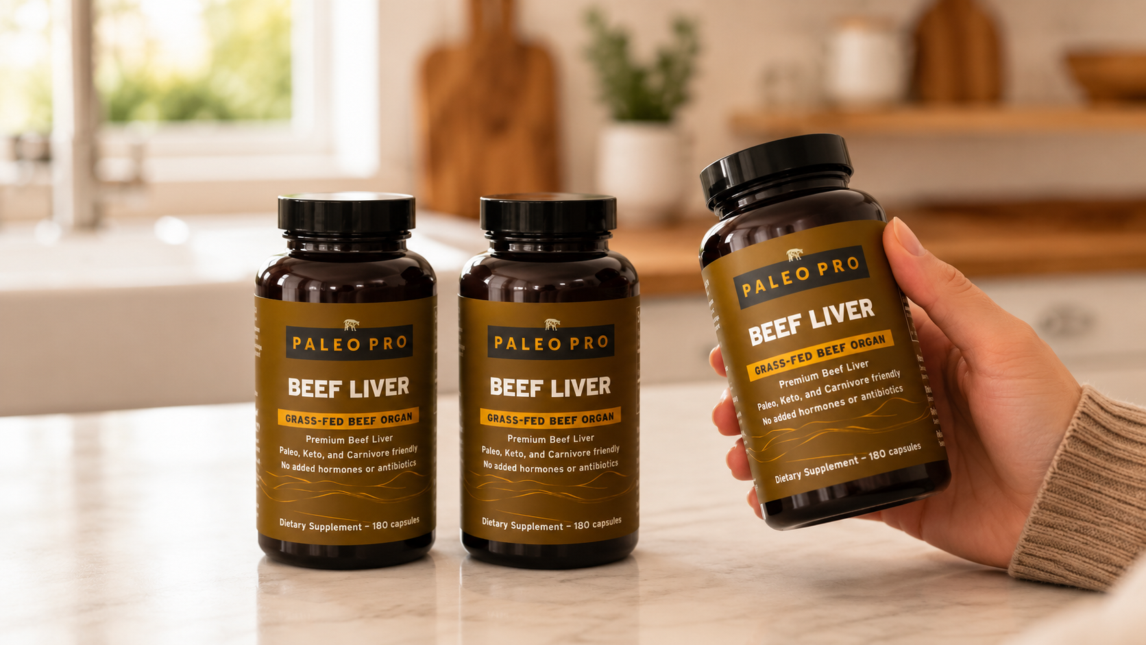 Several beef liver supplement bottles on a counter with a hand reading the Supplement Facts label