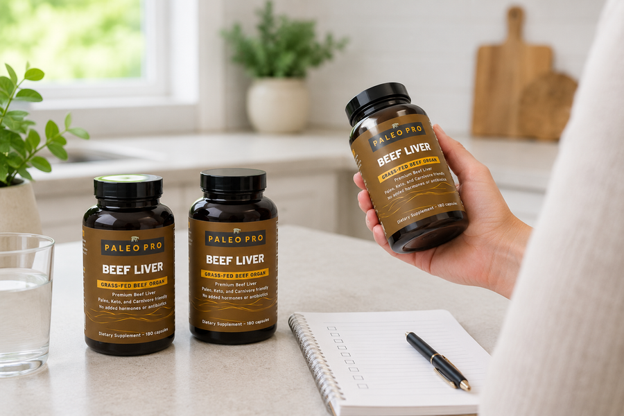 Several beef organ supplement bottles on a kitchen counter with a hand holding one and reading the label