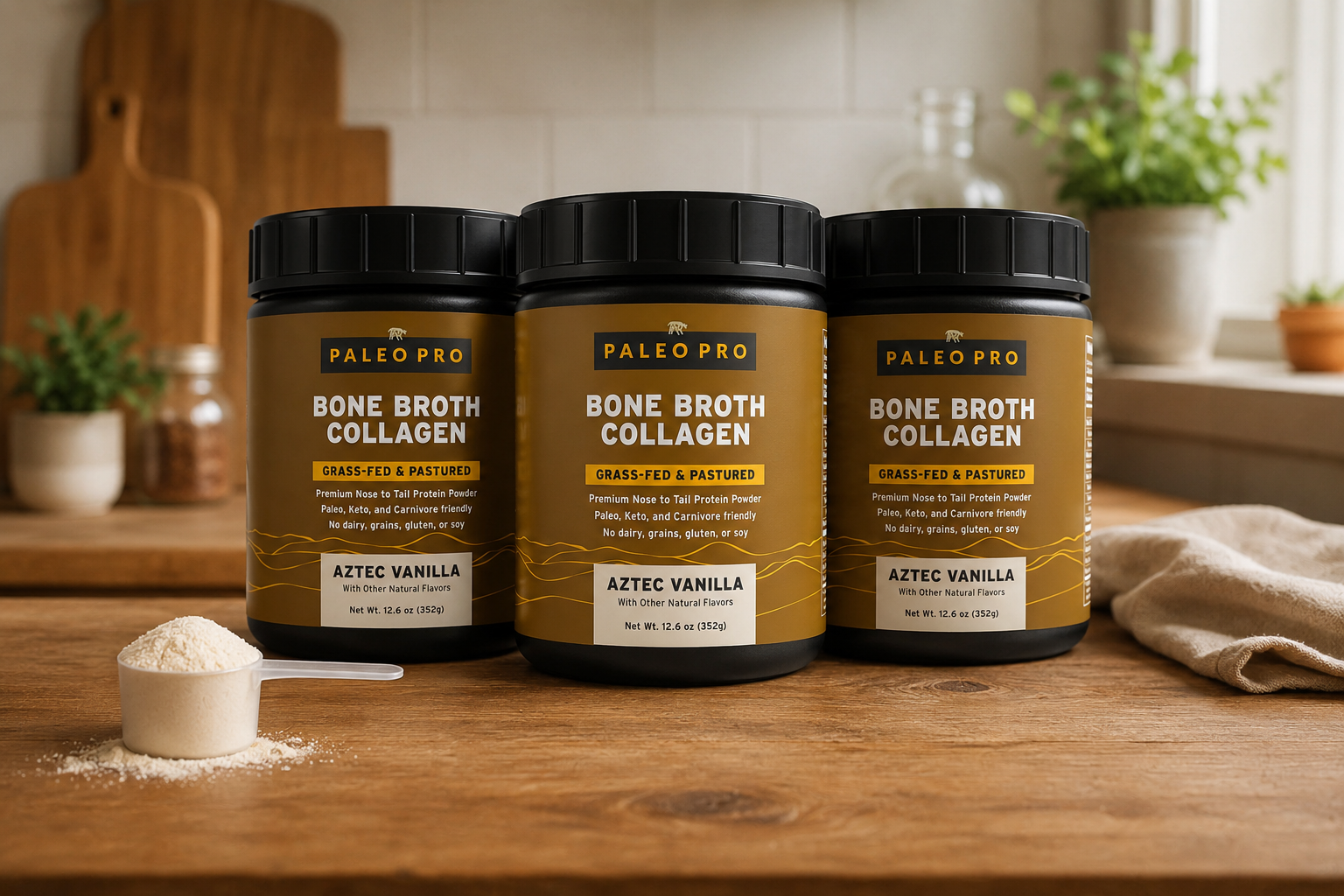 Several bone broth collagen powder tubs lined up on a kitchen counter with a filled scoop in front