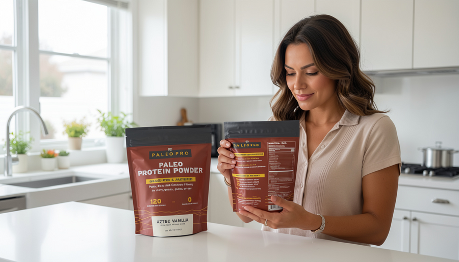 Woman comparing two protein powder containers and reading the ingredient label in a bright kitchen
