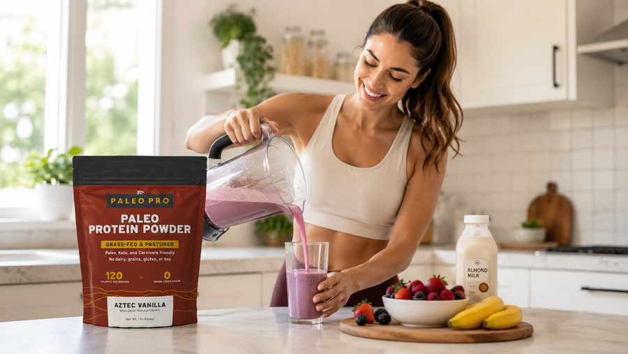 Woman in a sunlit kitchen pouring a freshly blended protein shake from a blender into a glass