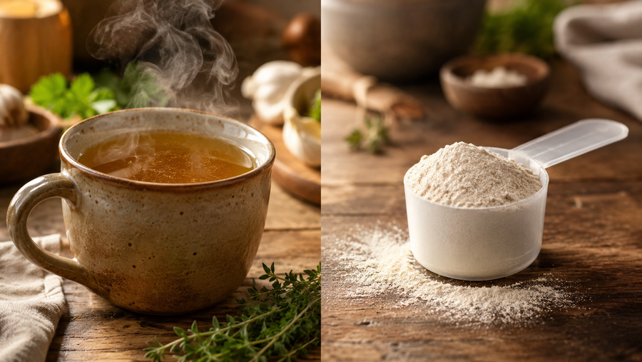 Side-by-side mug of bone broth and scoop of collagen peptide powder on a kitchen counter