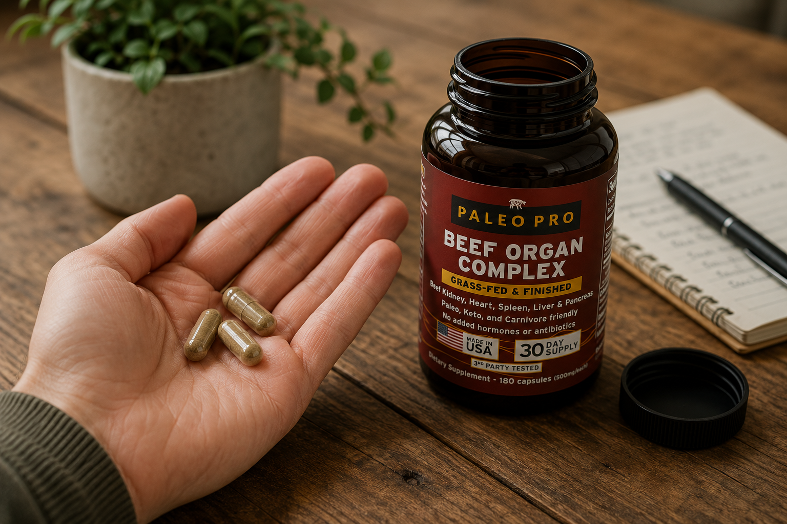 A hand holding a few beef organ supplement capsules next to an open bottle on a wooden table