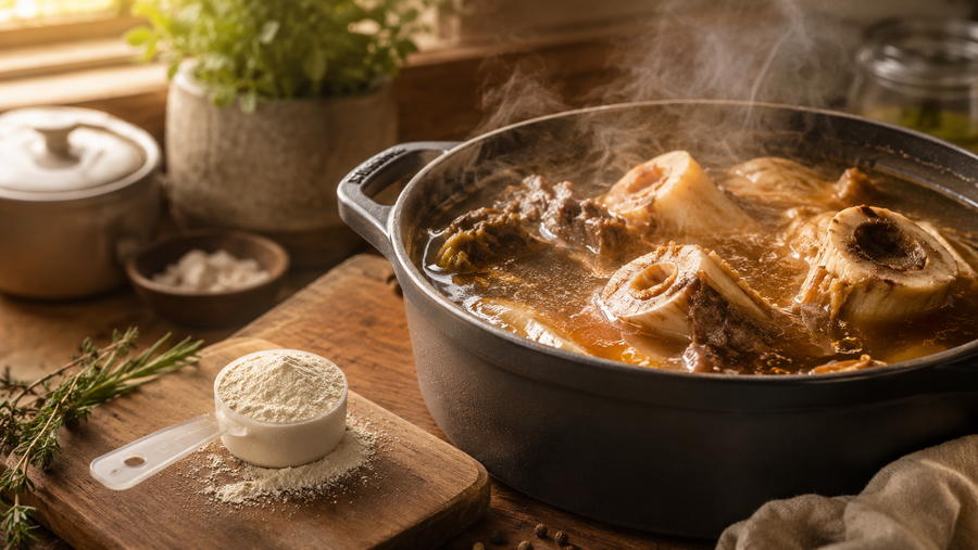 Steaming pot of homemade beef bone broth beside a scoop of collagen powder on a wooden kitchen counter