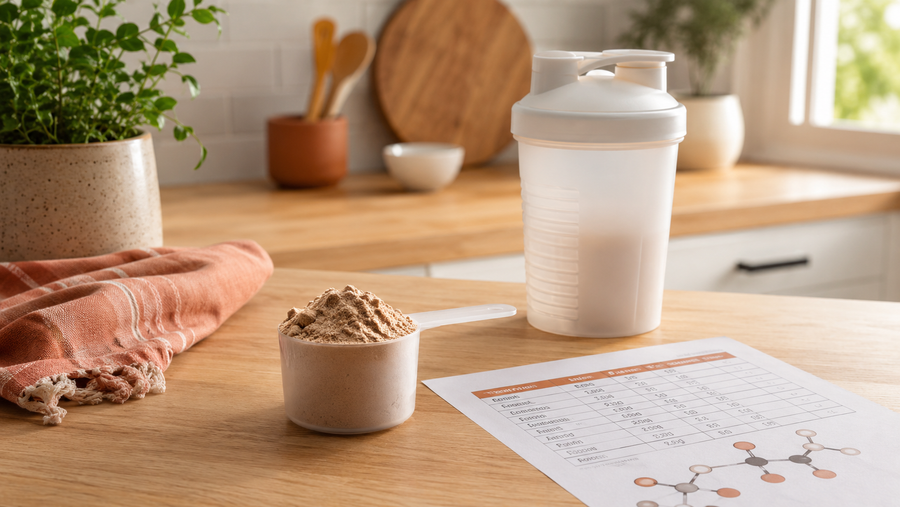 Scoop of beef protein powder beside a shaker bottle and a printed amino acid chart on a wooden kitchen counter