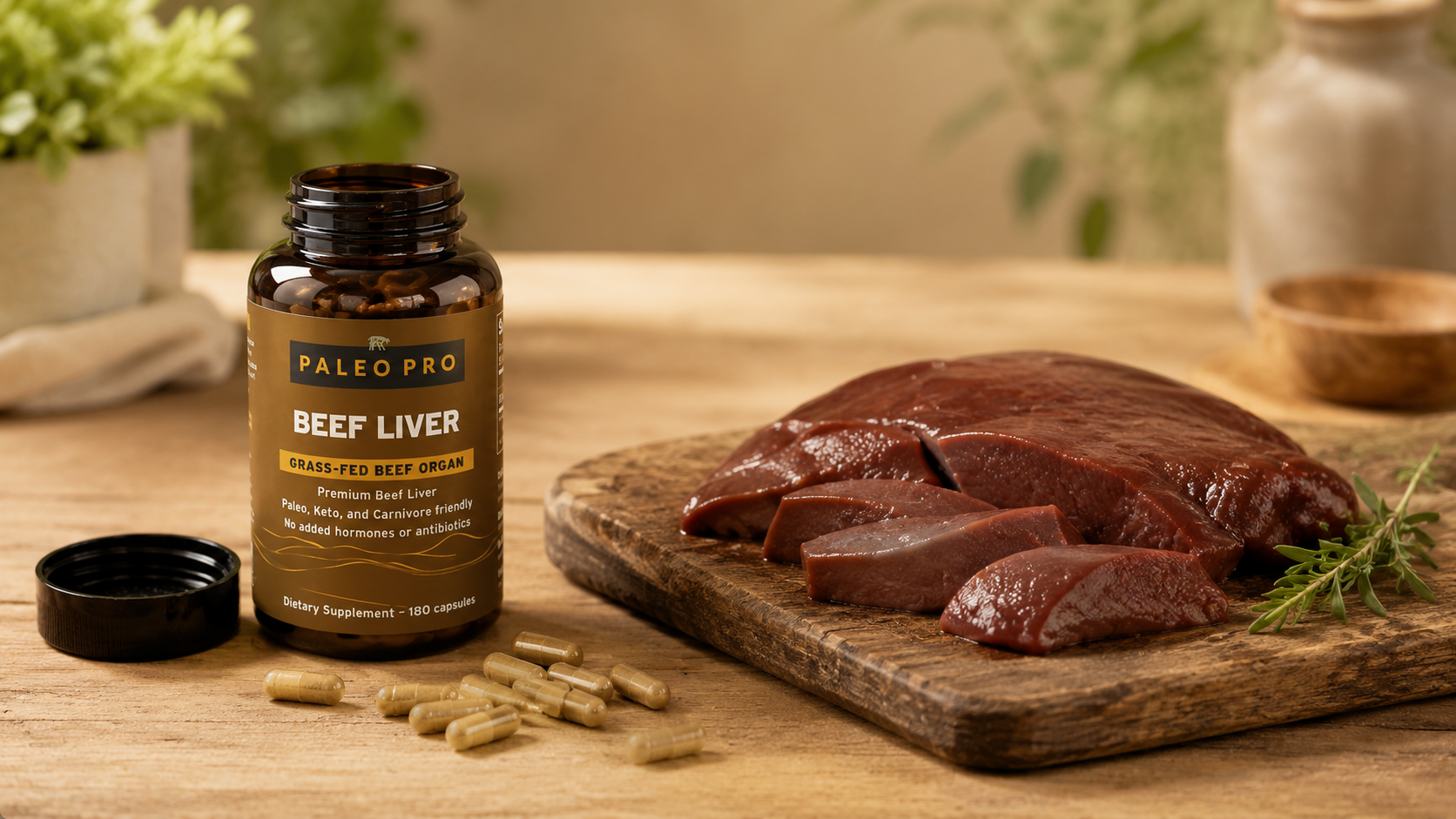 A serving of grass-fed beef liver on a cutting board next to a bottle of desiccated liver capsules