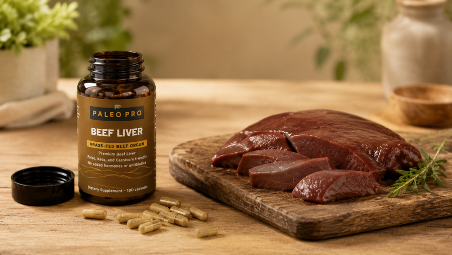 A serving of grass-fed beef liver on a cutting board next to a bottle of desiccated liver capsules