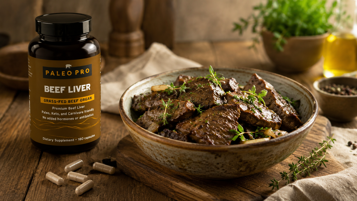 Grass-fed beef liver capsules next to a bowl of cooked liver, representing iron-rich food