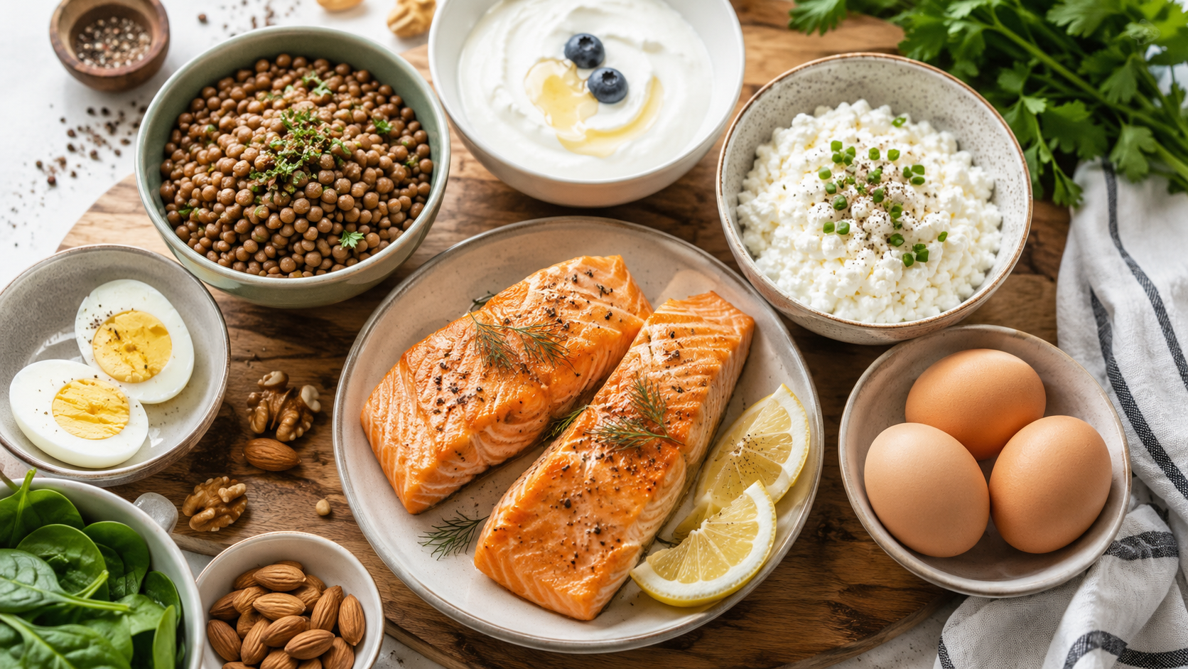Cooked salmon, eggs, Greek yogurt, and lentils arranged on a wooden board as high-protein foods for older adults