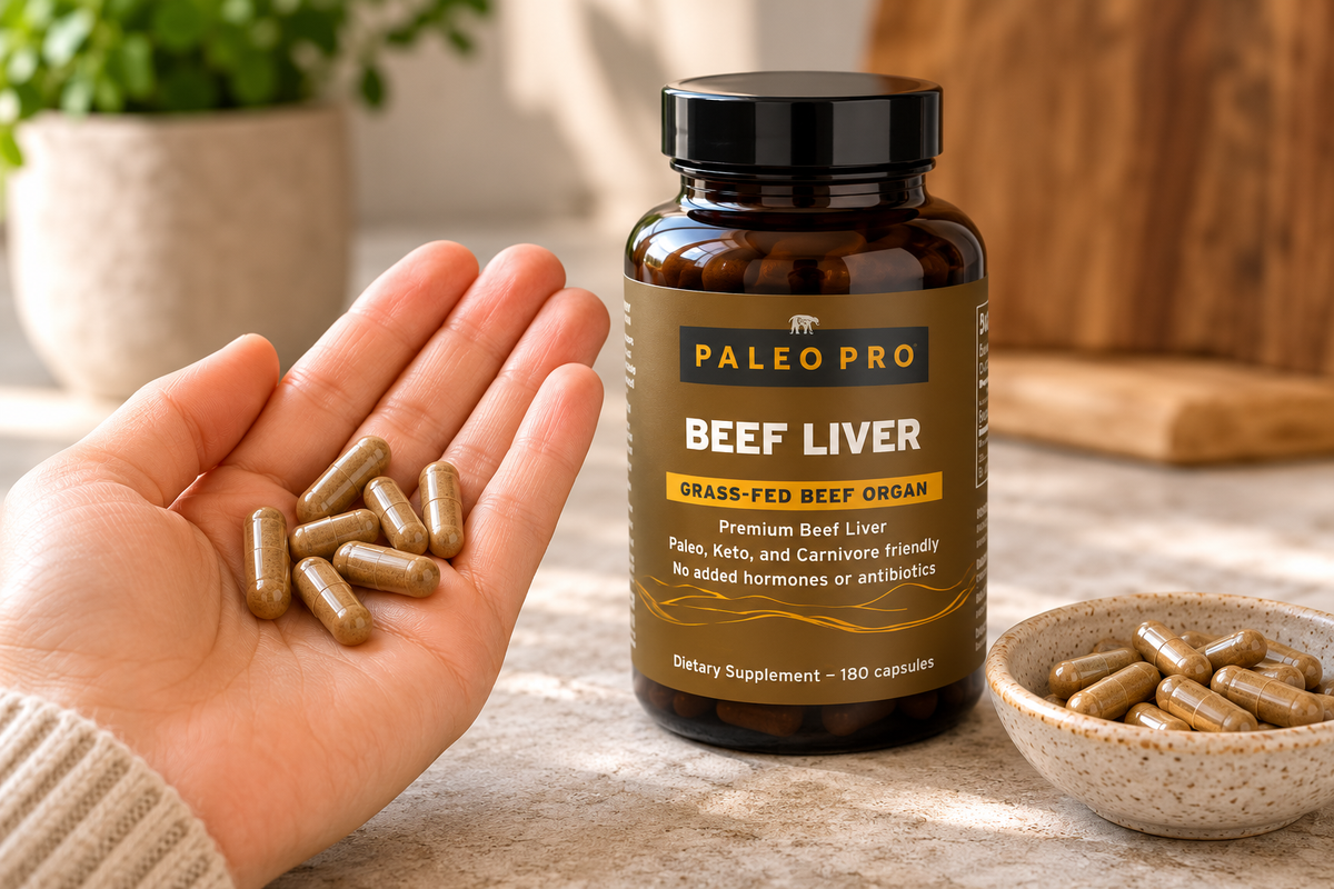 A hand holding six beef liver capsules next to a bottle showing the Supplement Facts and serving size