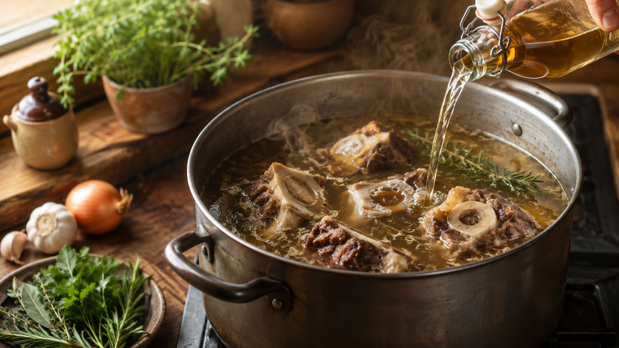  A large stockpot of beef bone broth simmering with knuckle bones, herbs, and a splash of vinegar going in