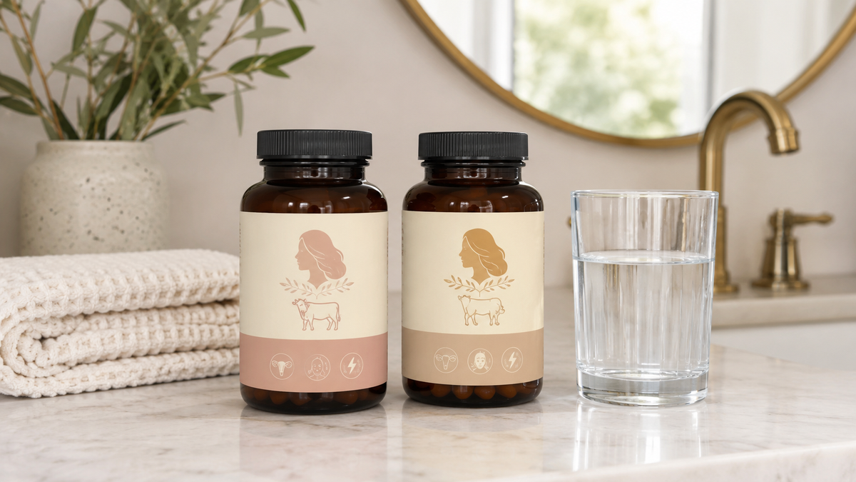 Two women's beef organ supplement bottles side by side on a bathroom counter next to a glass of water