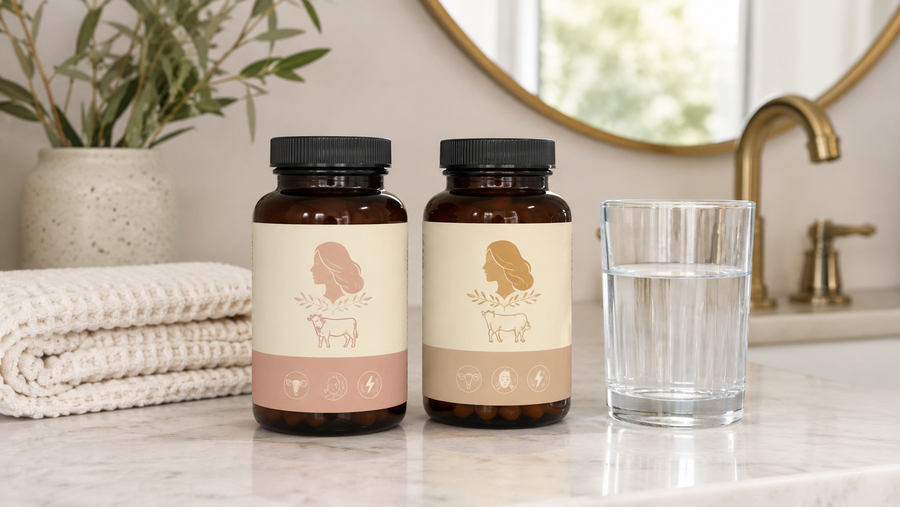 Two women's beef organ supplement bottles side by side on a bathroom counter next to a glass of water