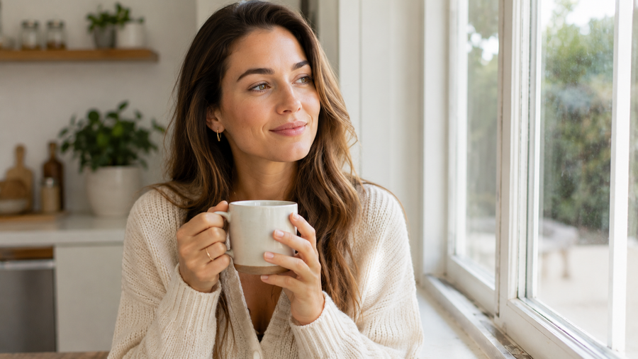 Woman with healthy skin and hair holding a mug of collagen coffee in soft natural light