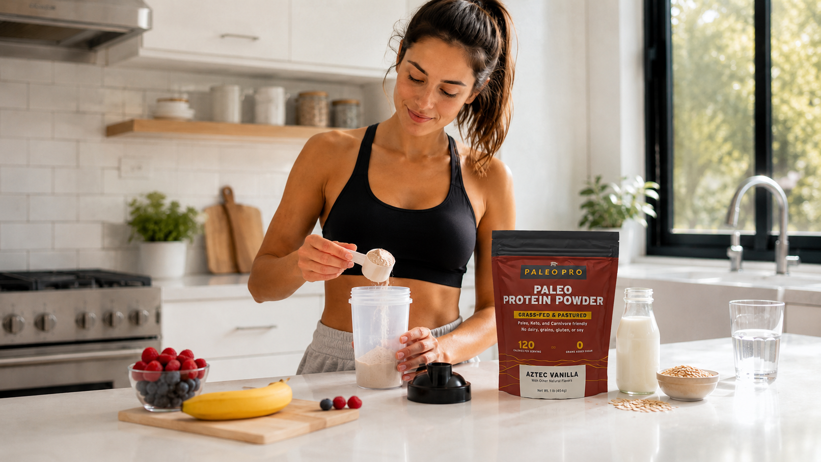 Woman preparing a protein shake at a kitchen counter with a measuring scoop and blender bottle