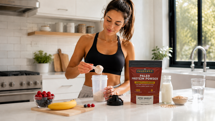 Woman preparing a protein shake at a kitchen counter with a measuring scoop and blender bottle