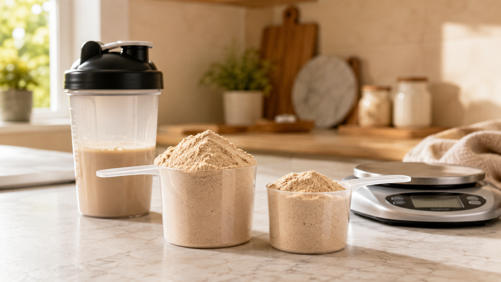 Two scoops of protein powder side by side on a kitchen counter with a shaker bottle and a measuring scale