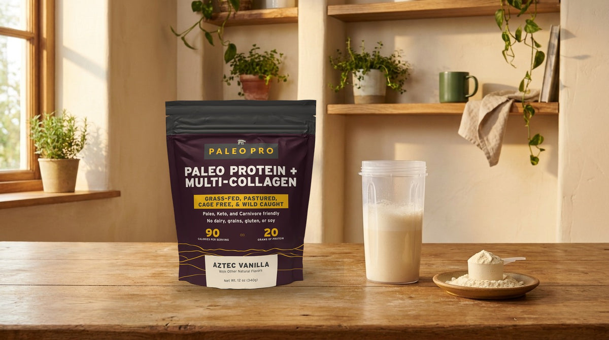 Bag of protein powder with collagen beside a shaker bottle and a scoop of powder on a kitchen counter