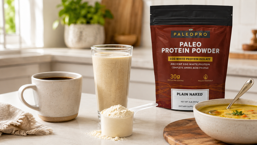 Scoop of unflavored protein powder beside a black coffee, a smoothie, and a bowl of soup on a light kitchen counter