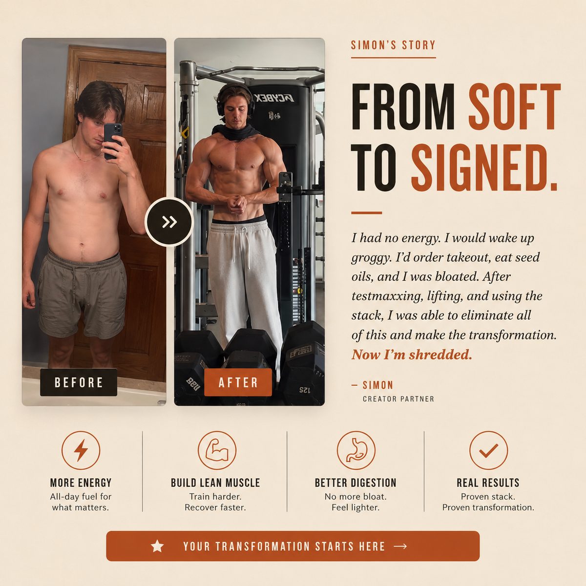 Simon — before and after running the T-Maxing Stack