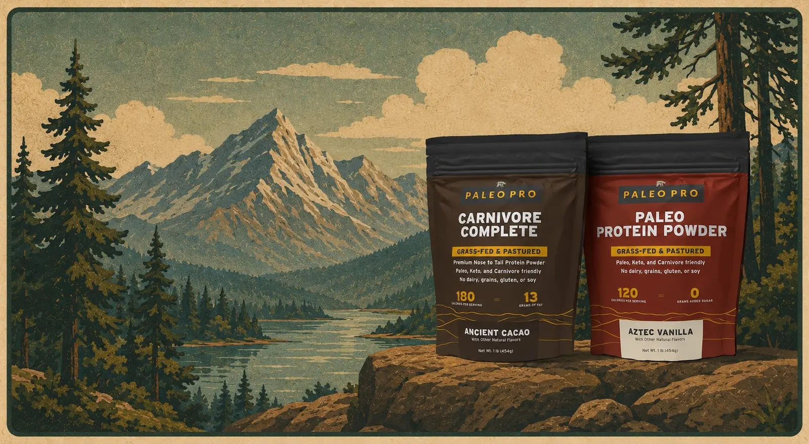 Carnivore Complete and Paleo Protein Powder pouches on a rock ledge above an alpine lake