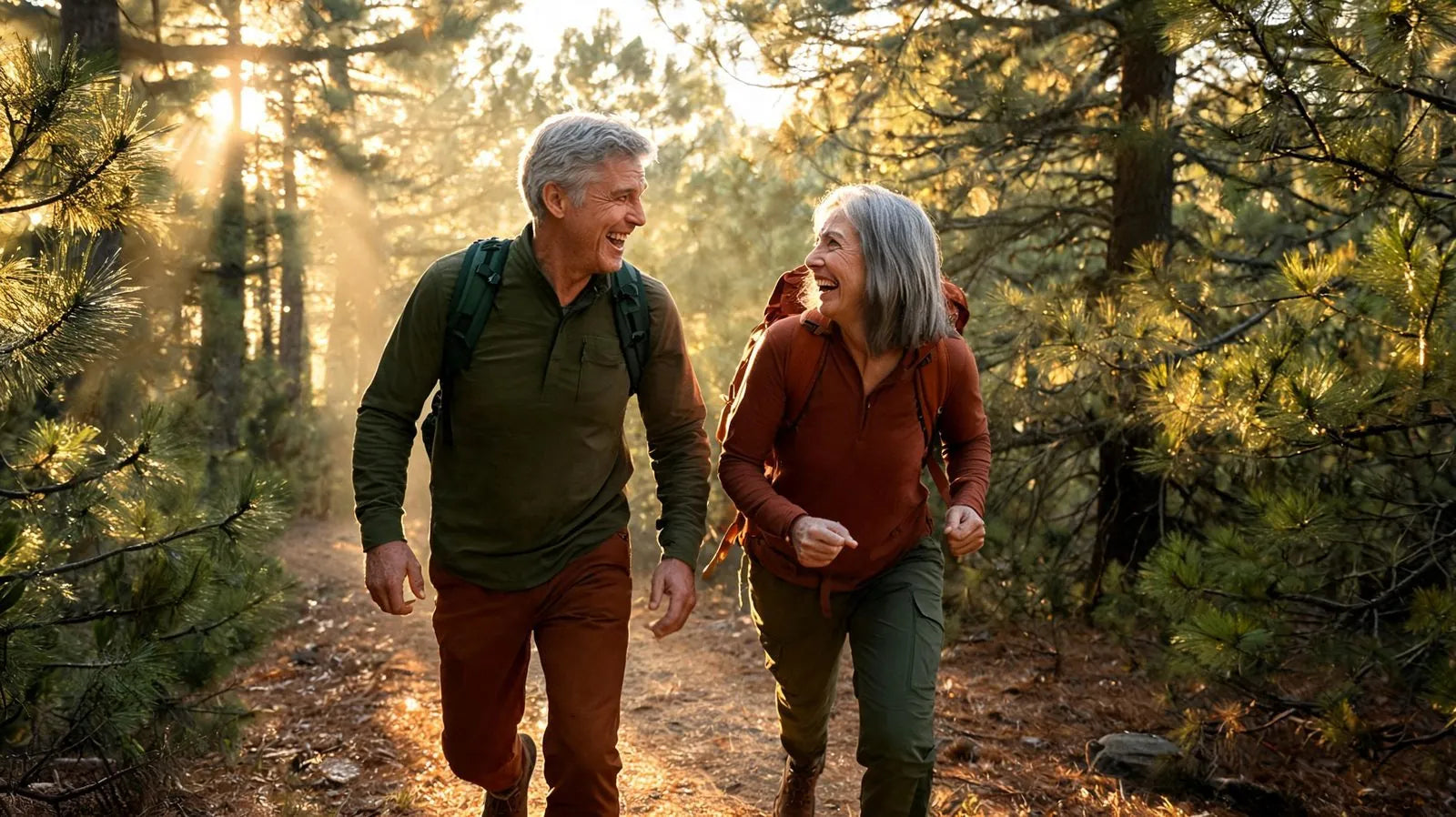 A couple walking a sunlit forest trail