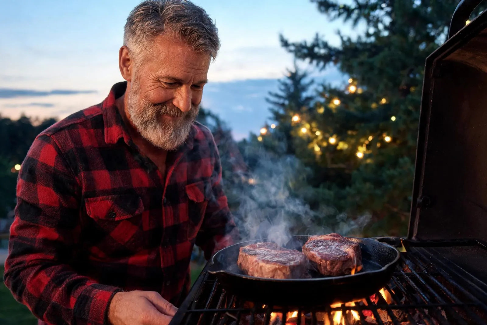 Man grilling steaks over an open flame at dusk