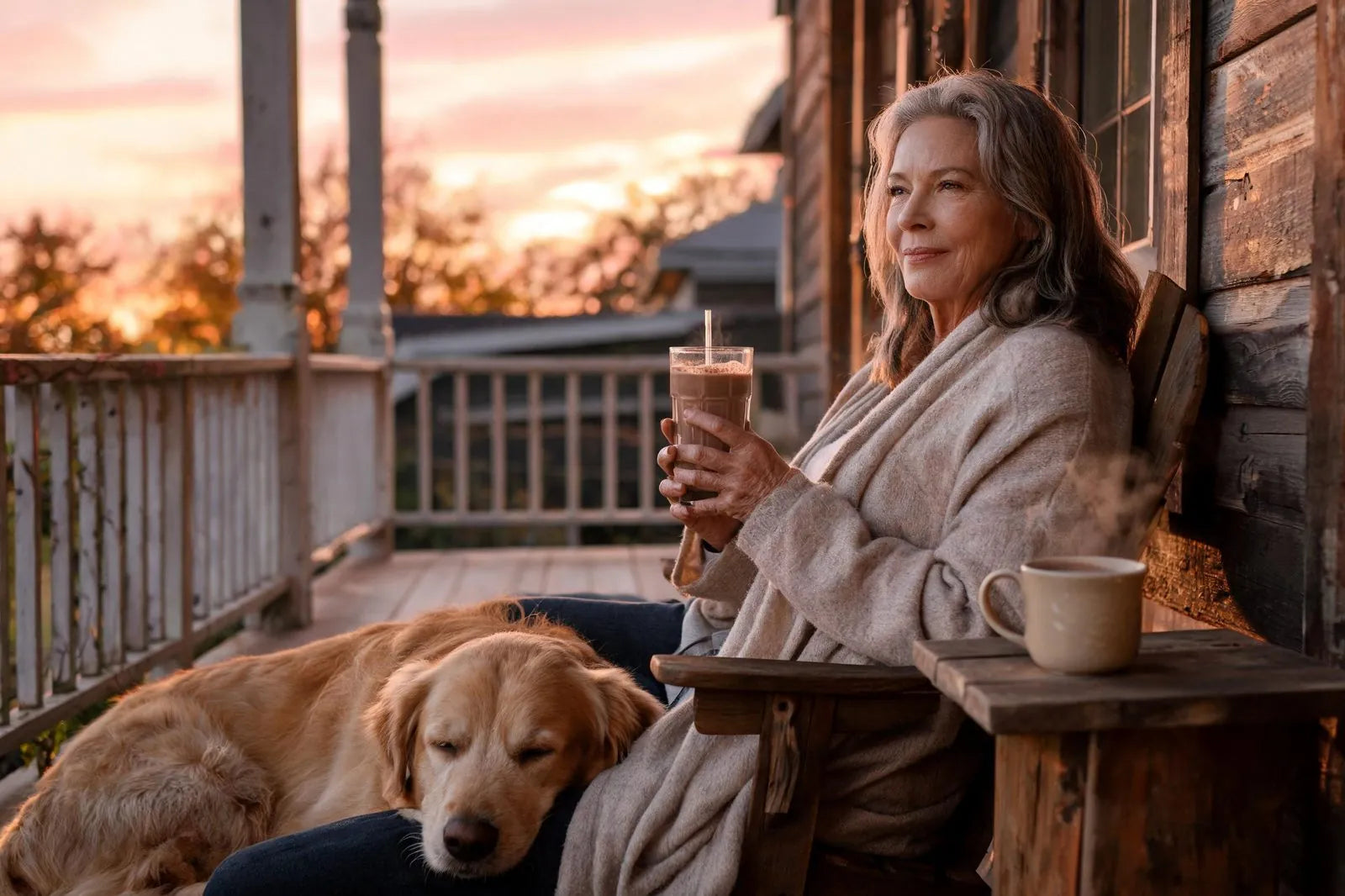Woman with a shake on the porch at sunset