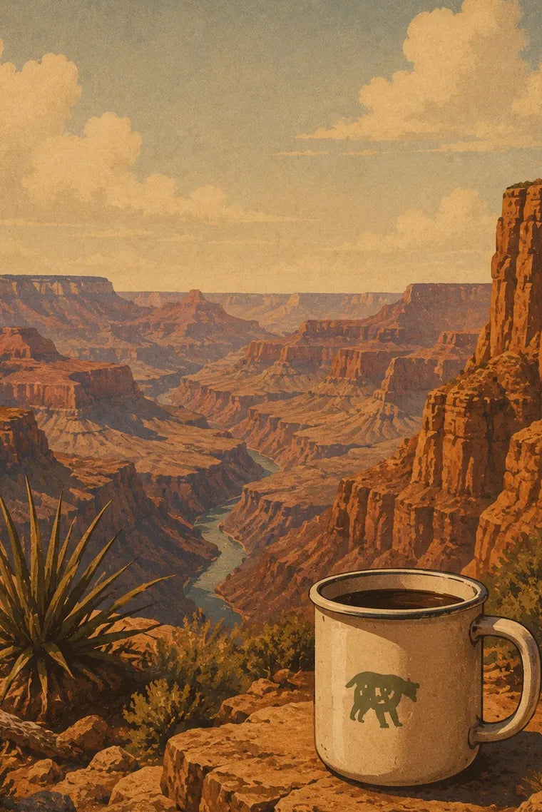 Grand Canyon at dawn with an enamel Paleo Pro mug in the foreground