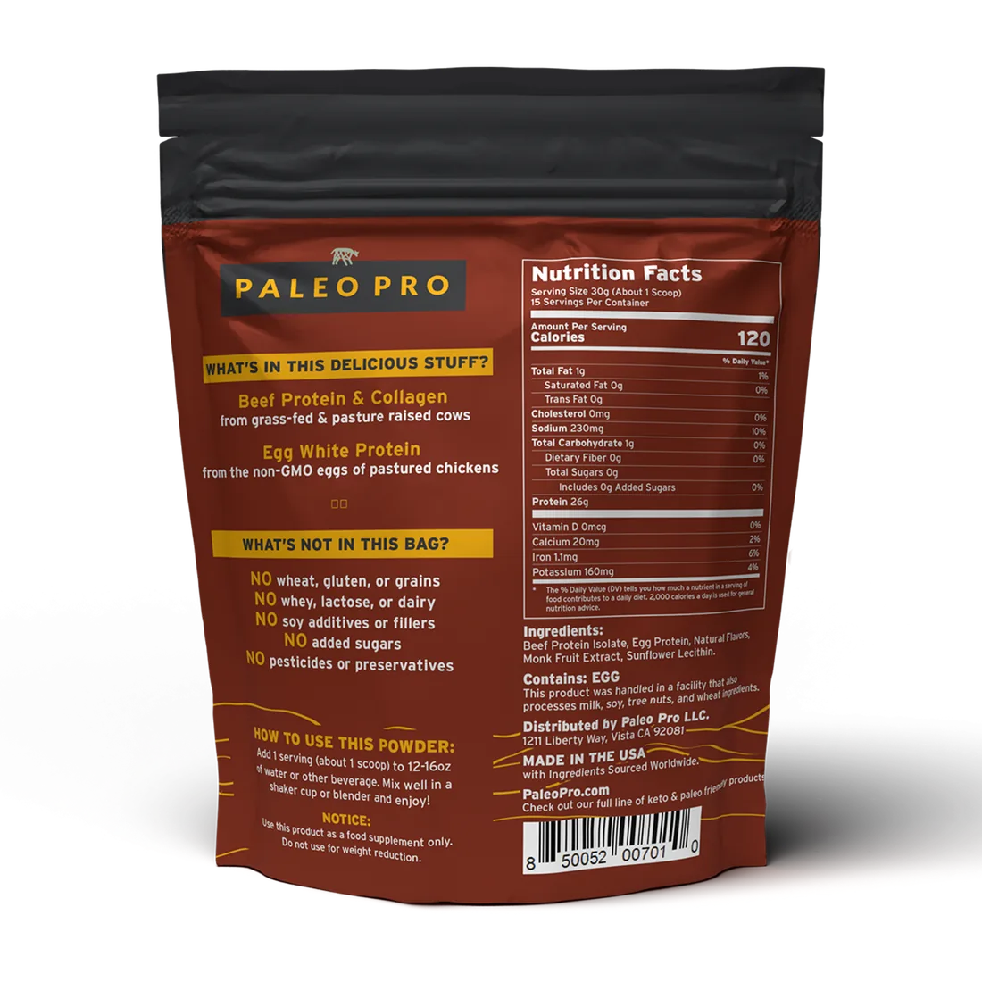 Back label of PaleoPro Paleo Protein Powder showing the short ingredient list