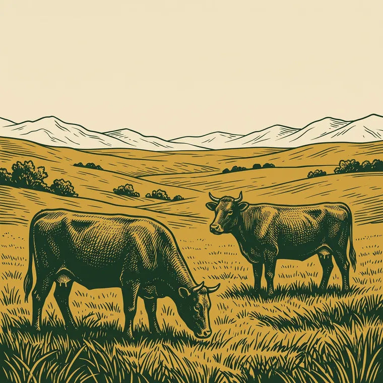 Engraving of grass-fed cattle on open pasture