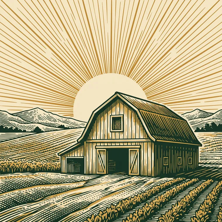 Engraving of a farmstead at sunrise